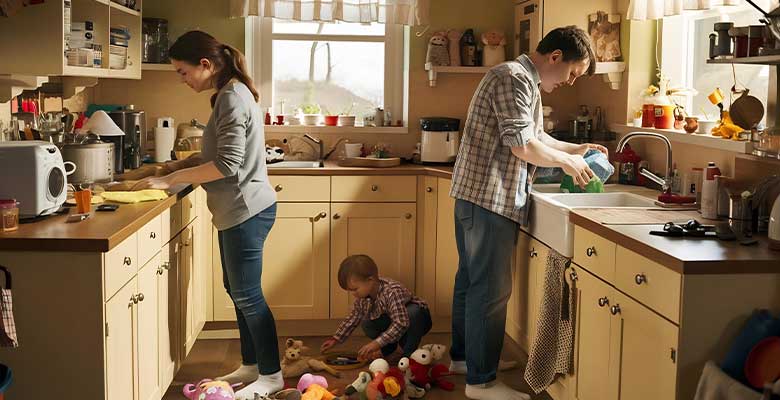 Busy family reviewing home maintenance needs together